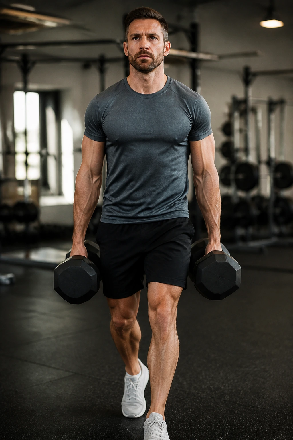 Person performing farmer’s carry with two dumbbells at sides in a gym