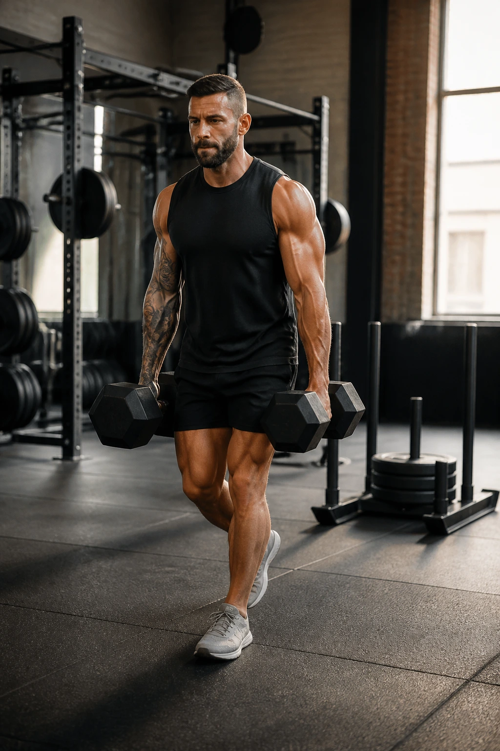 Athlete performing farmer’s carry with heavy dumbbells, sled visible in gym background