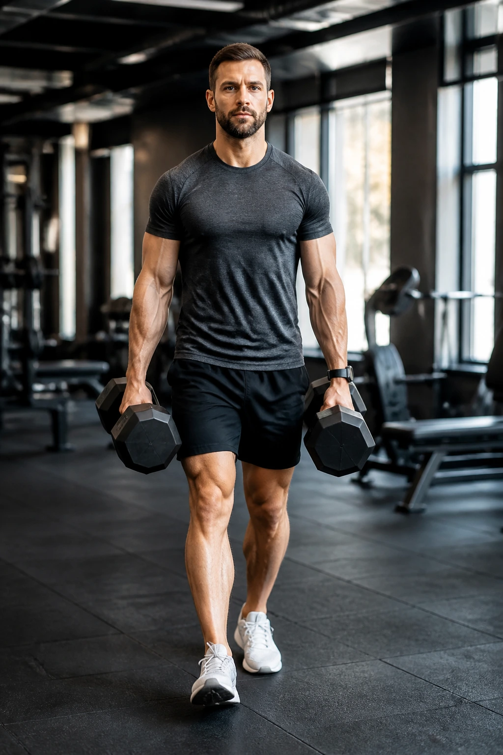 Person performing farmer's carry with dumbbells
