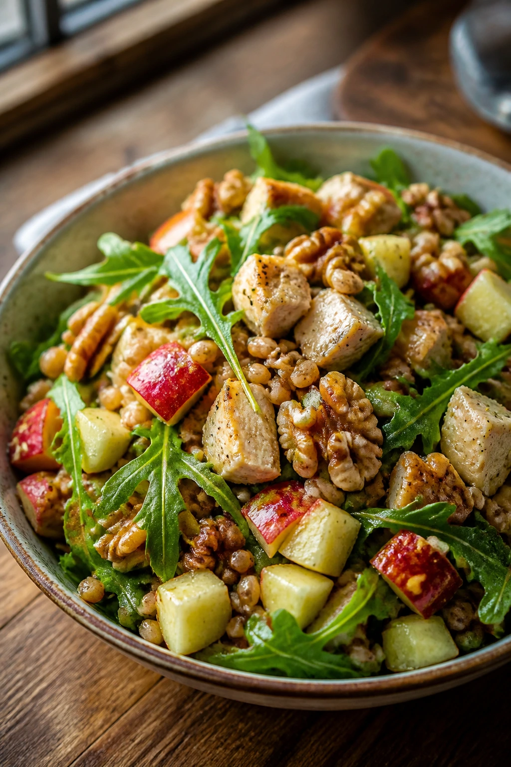 Close-up of farro salad with chicken and apples in a rustic bowl on a wooden table
