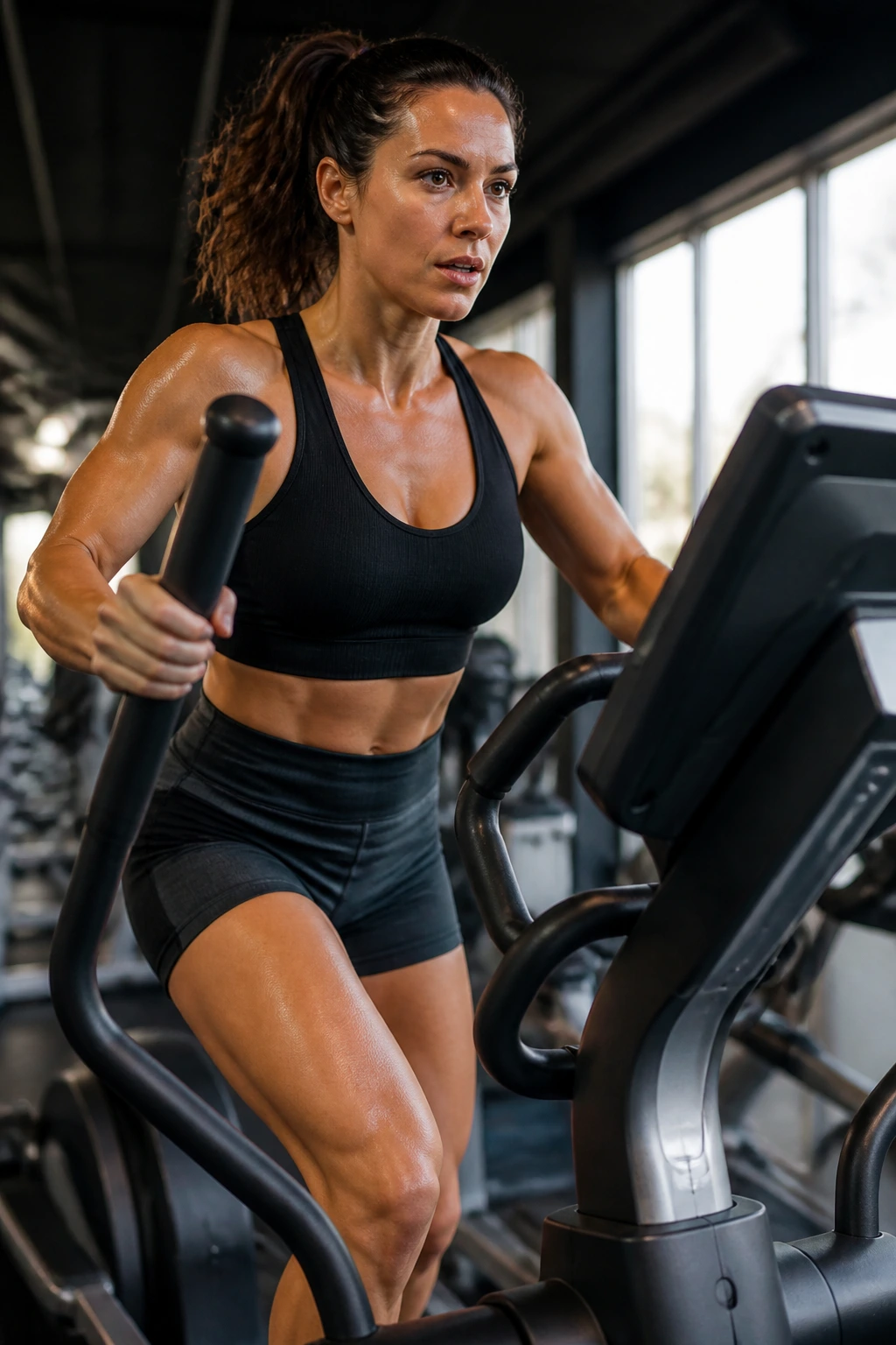 Medium shot of a person on a cross trainer performing bursts with varied speed