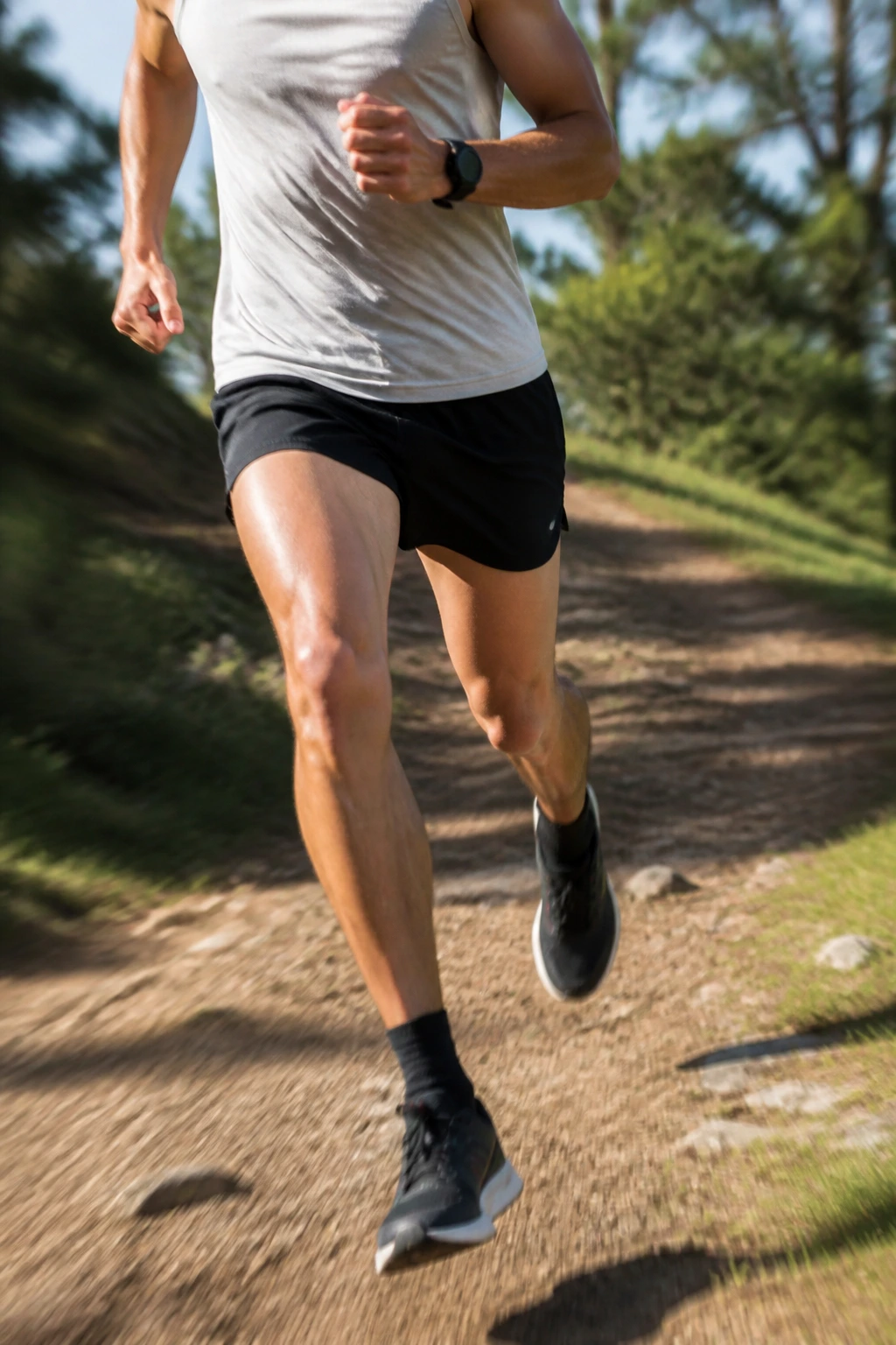 Close-up of runner mid-surge on a park trail during mixed-pace fartlek