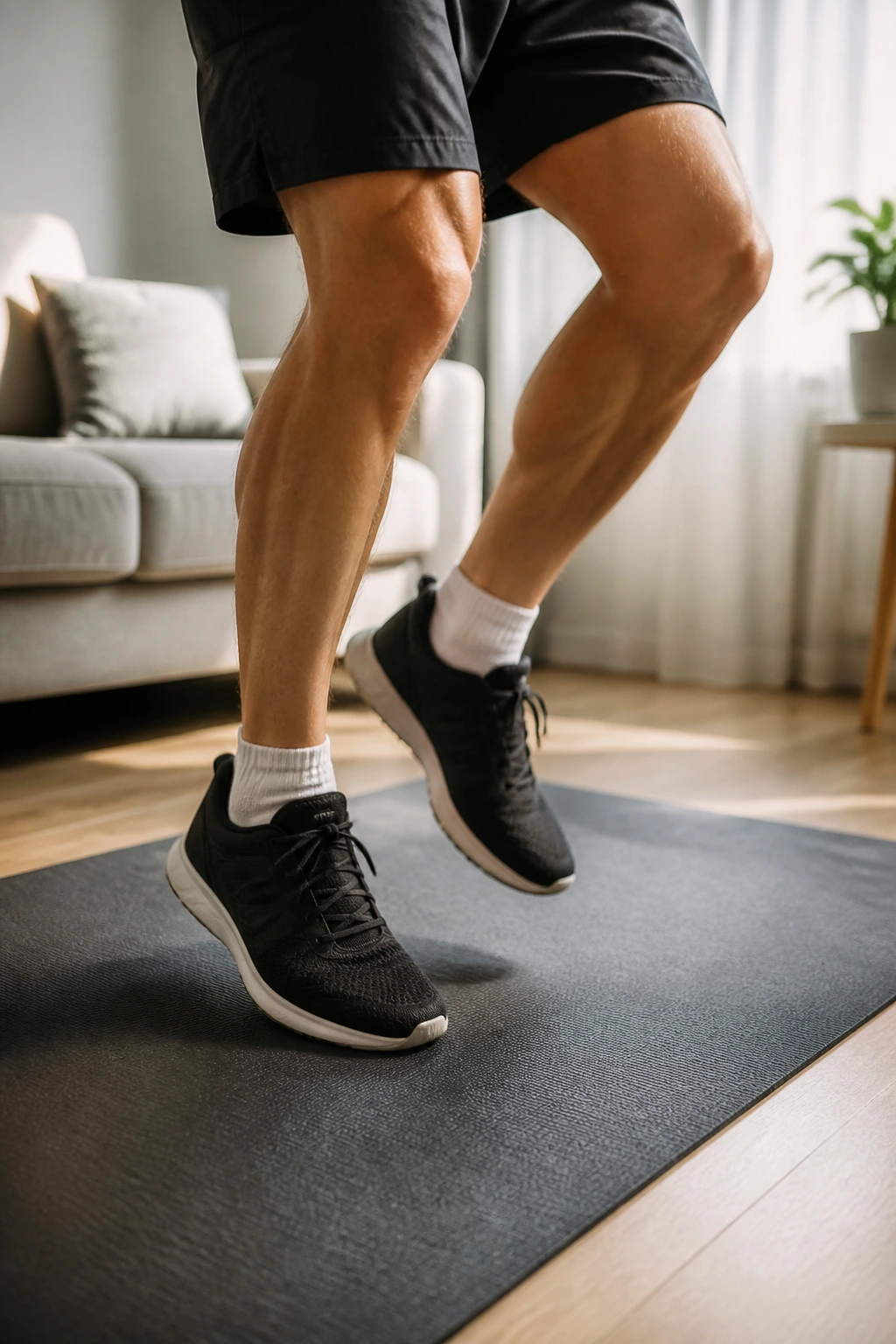 Real person performing fast feet drill in a small living area