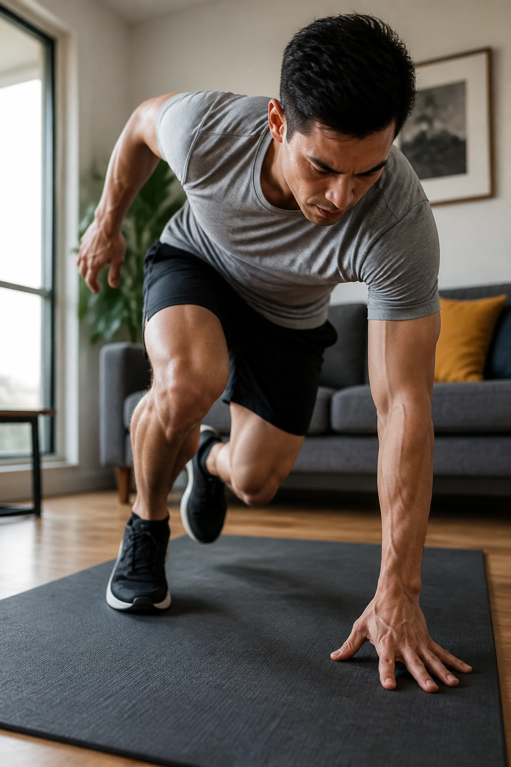 Person performing fast feet and floor touches in a living room.