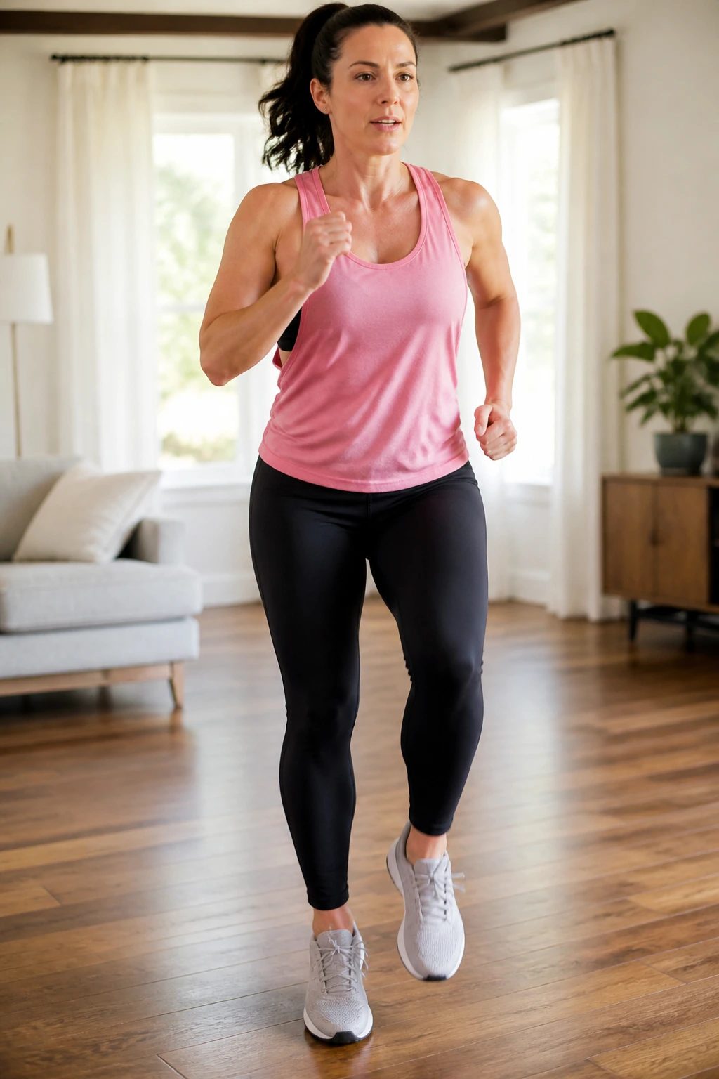 Close-up of a real woman performing fast feet in place indoors