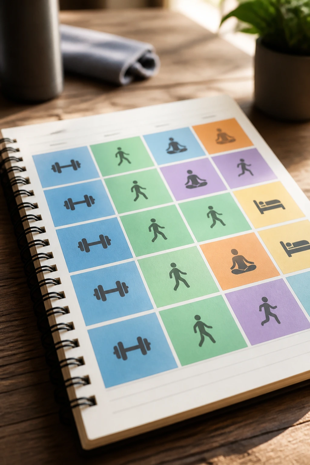 Close-up of a color-coded calendar grid on a wooden desk, representing a fat-loss beginner schedule