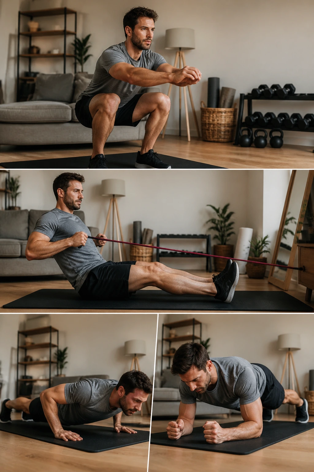 Person performing a home fat-loss circuit with various bodyweight moves