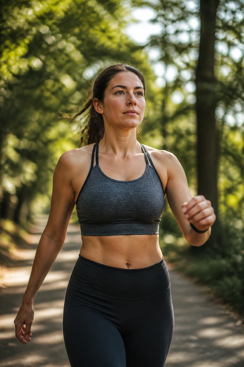 Medium-close shot of a woman brisk-walking in a park for fat loss plan.