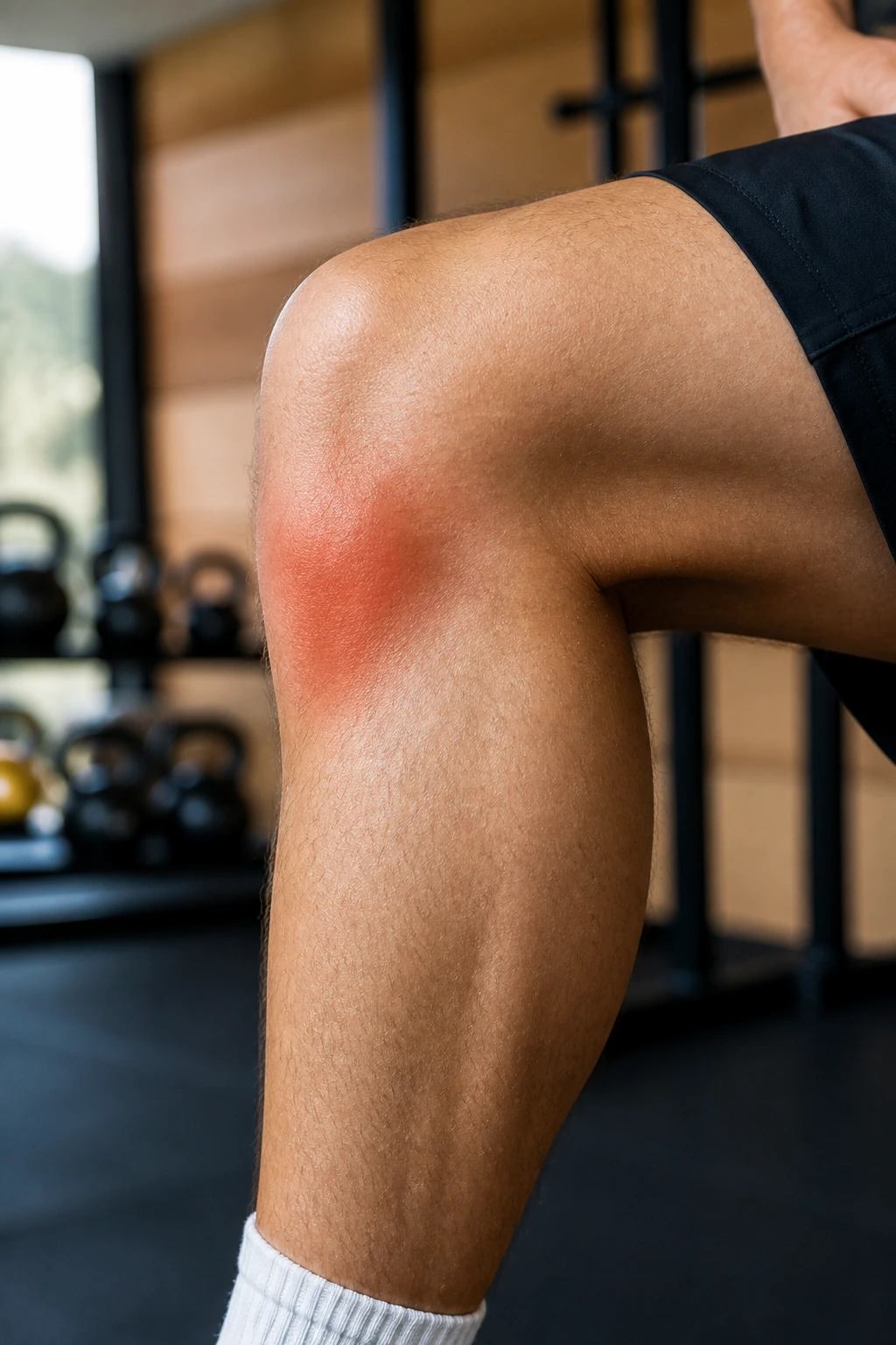Side-view close-up of knee showing fat pad impingement under the kneecap