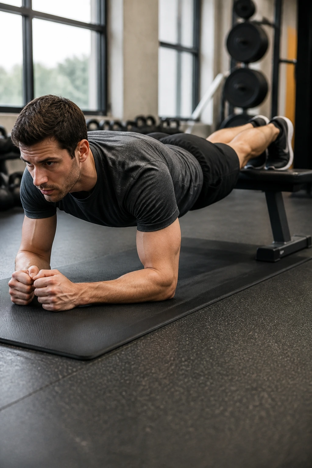 Real person performing feet-elevated forearm plank with elevated feet on a bench in a gym