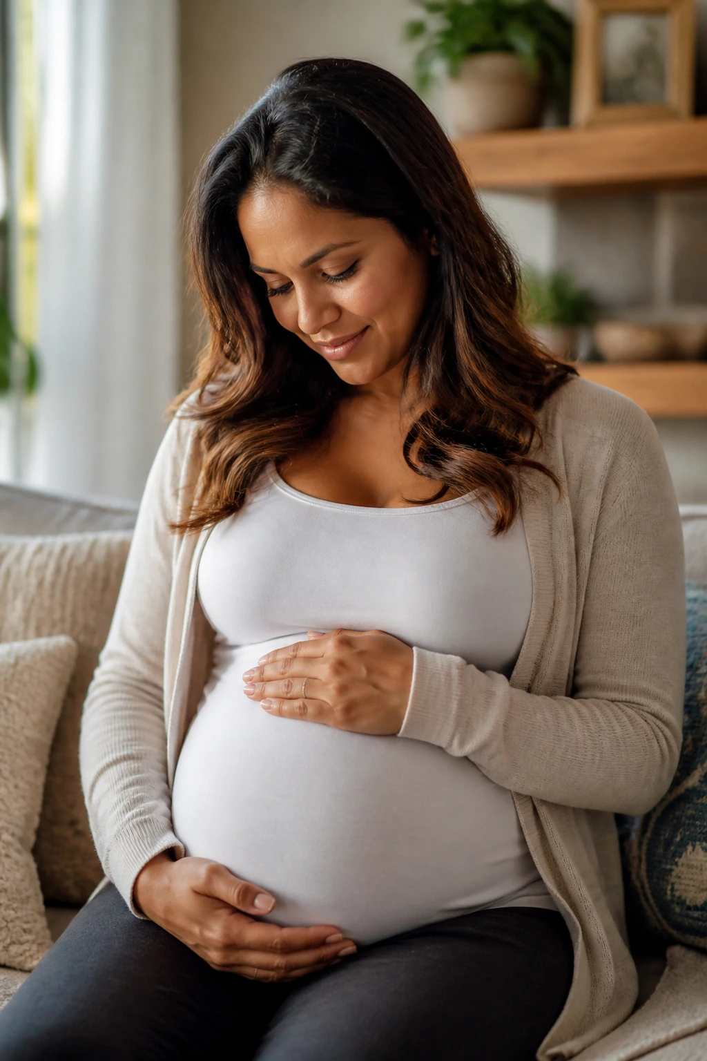 Pregnant woman resting hands on her belly in a bright home setting to monitor symptoms and fetal movement.
