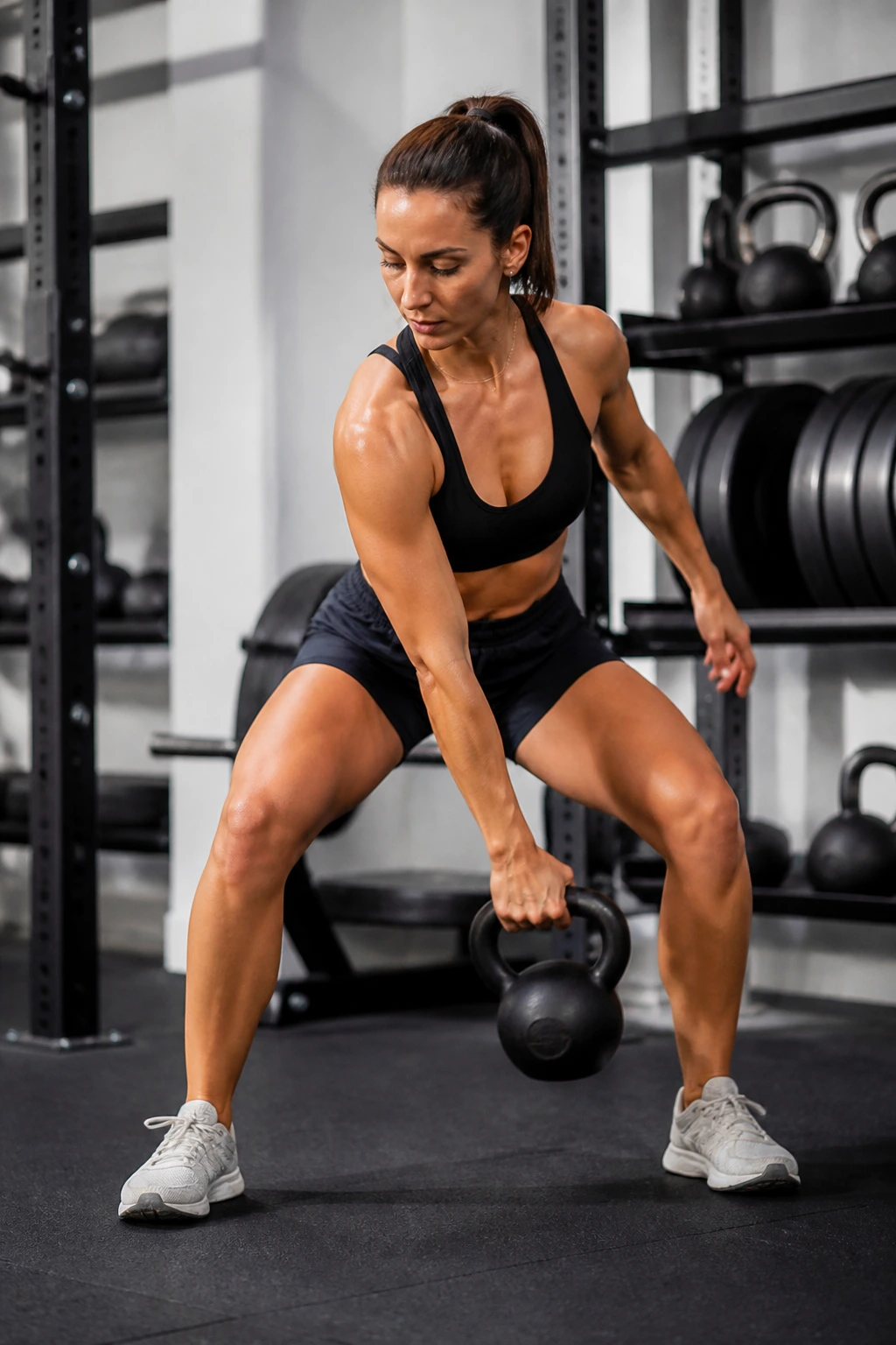 Woman performing figure-8 kettlebell pass around knees