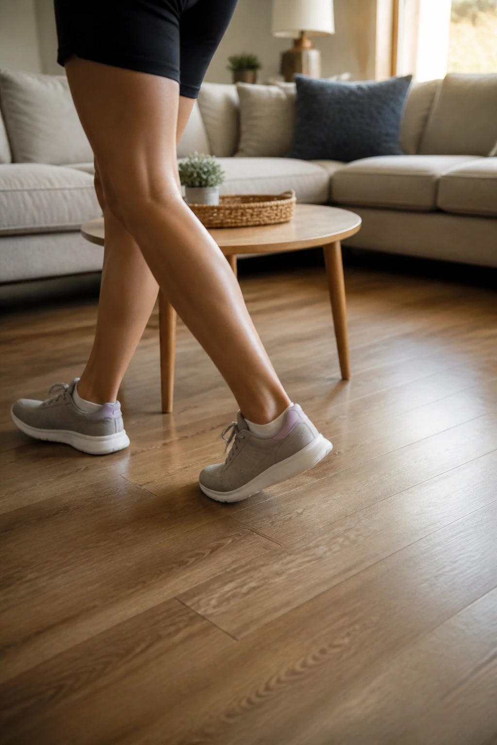 Close-up of athletic legs walking a figure-eight around a coffee table in a living room