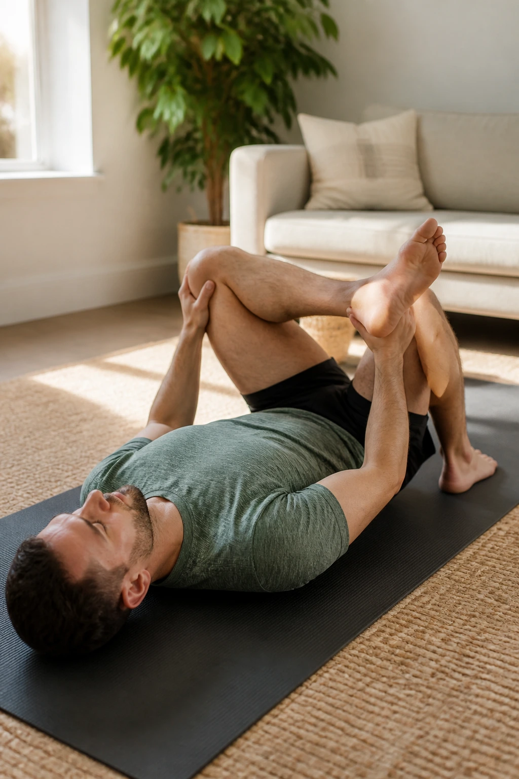 Person performing Figure Four on Your Back on a yoga mat in a calm living room