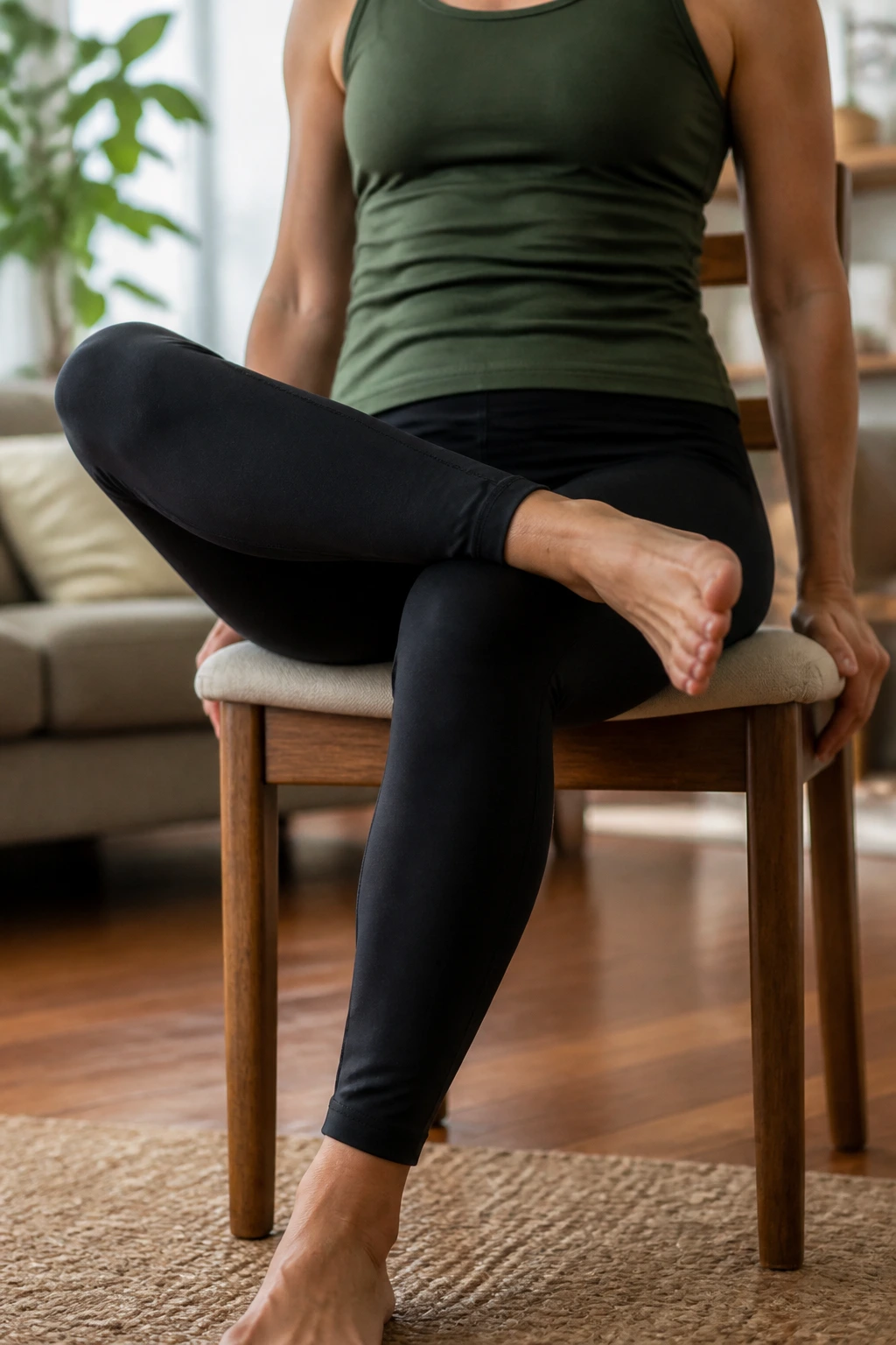 Real person performing Figure-Four hip opener on a chair with ankle over thigh