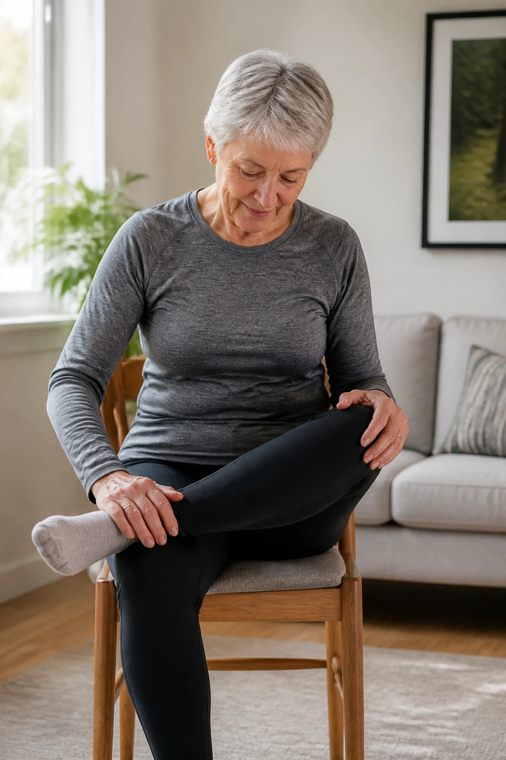 Senior seated performing figure-four hip stretch in a chair.