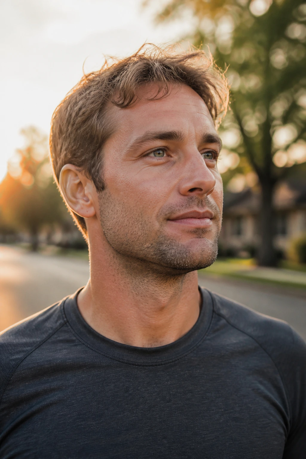 Medium close-up of a calm runner on a quiet street during final weeks