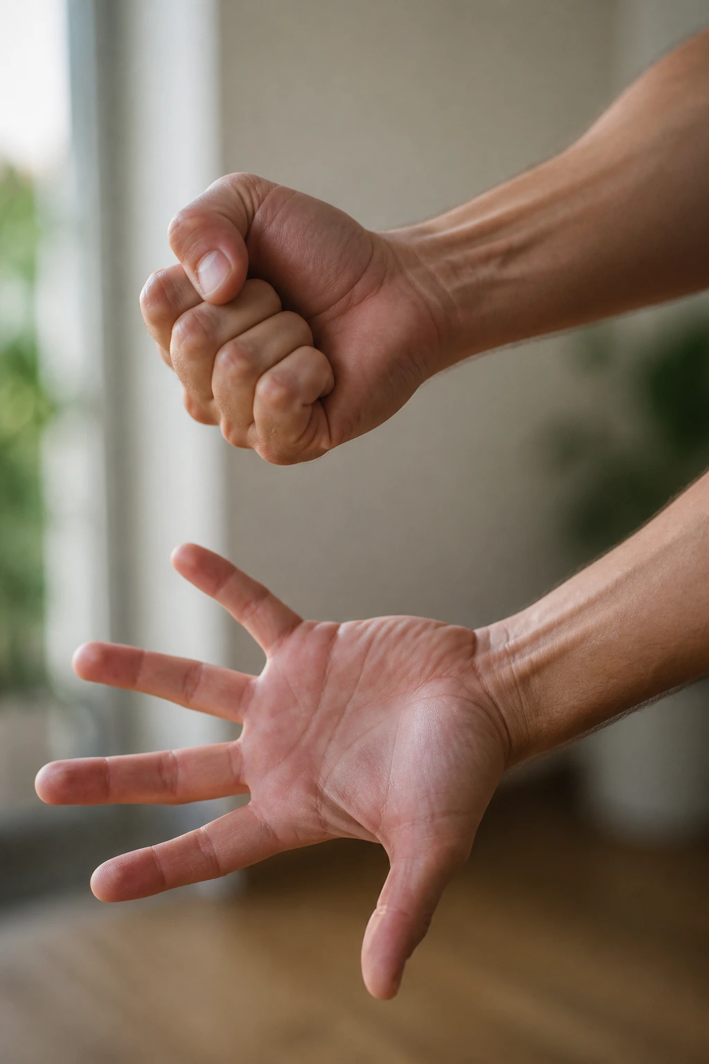 Hands performing finger splay and clenched fists