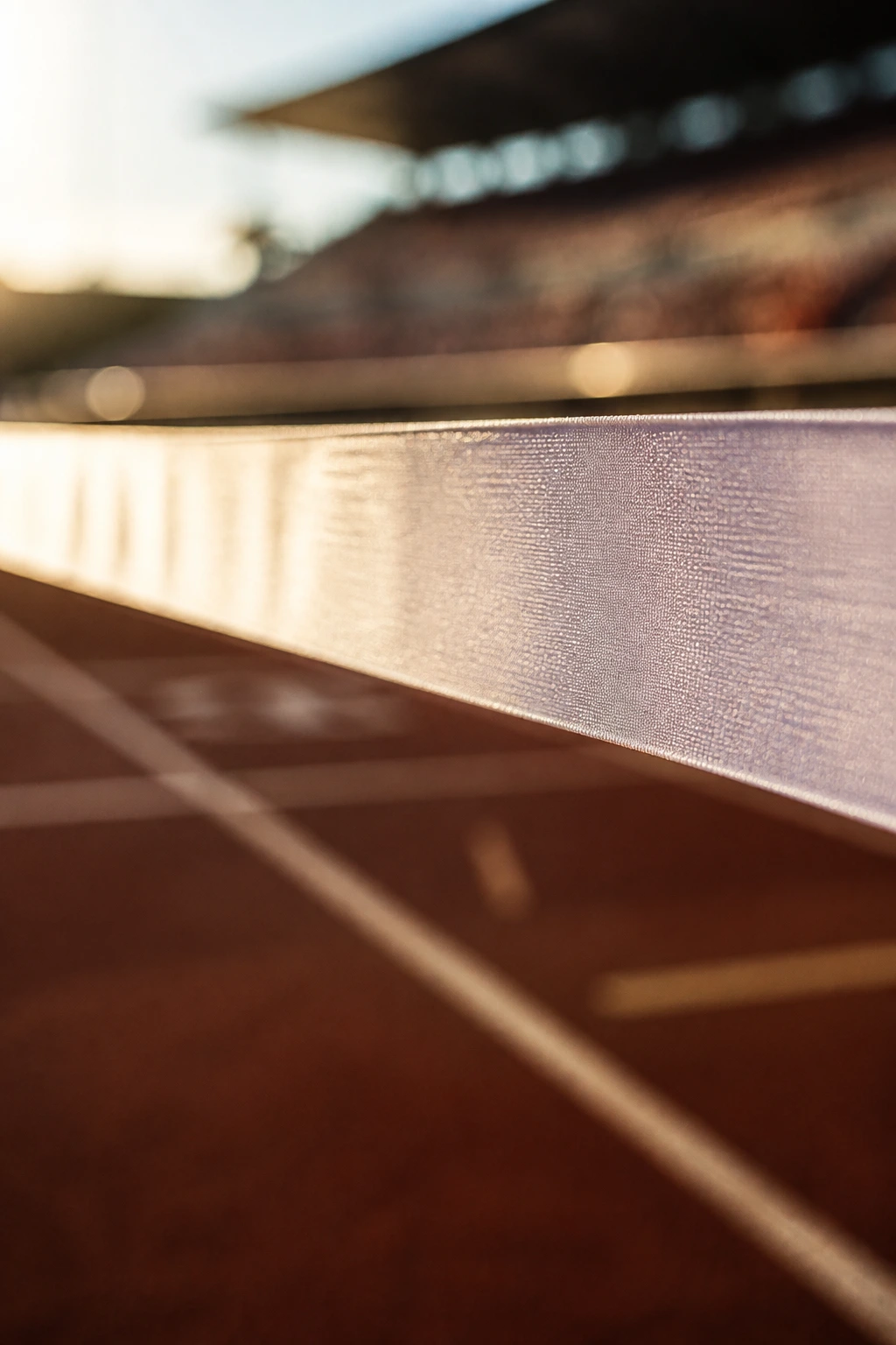 Close-up of finish-line tape on a track with a blurred stadium background