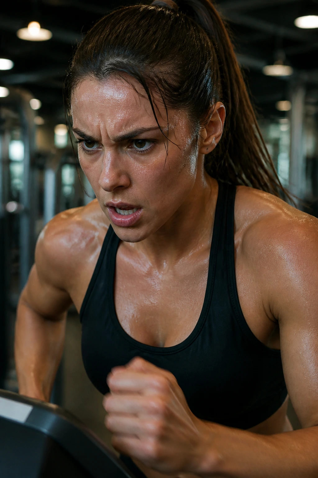 Sweaty athlete on treadmill finishing with a strong sprint