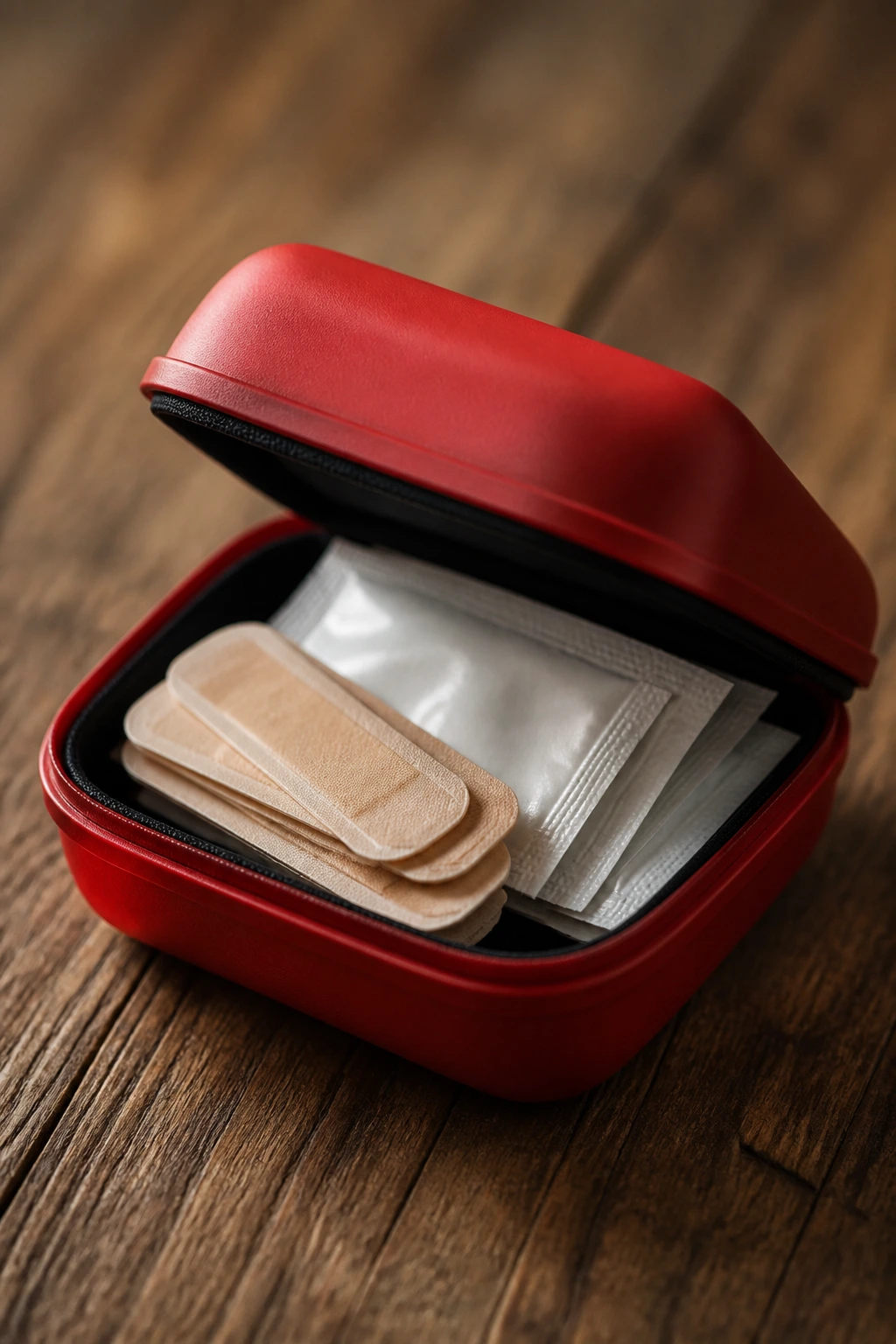 Close-up of a tiny first-aid kit with bandages and wipes visible