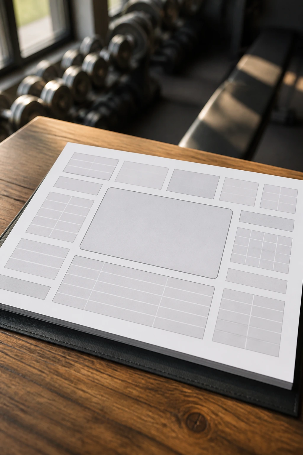 Close-up of a blank fitness dashboard page with a large central block and metric boxes, no text.