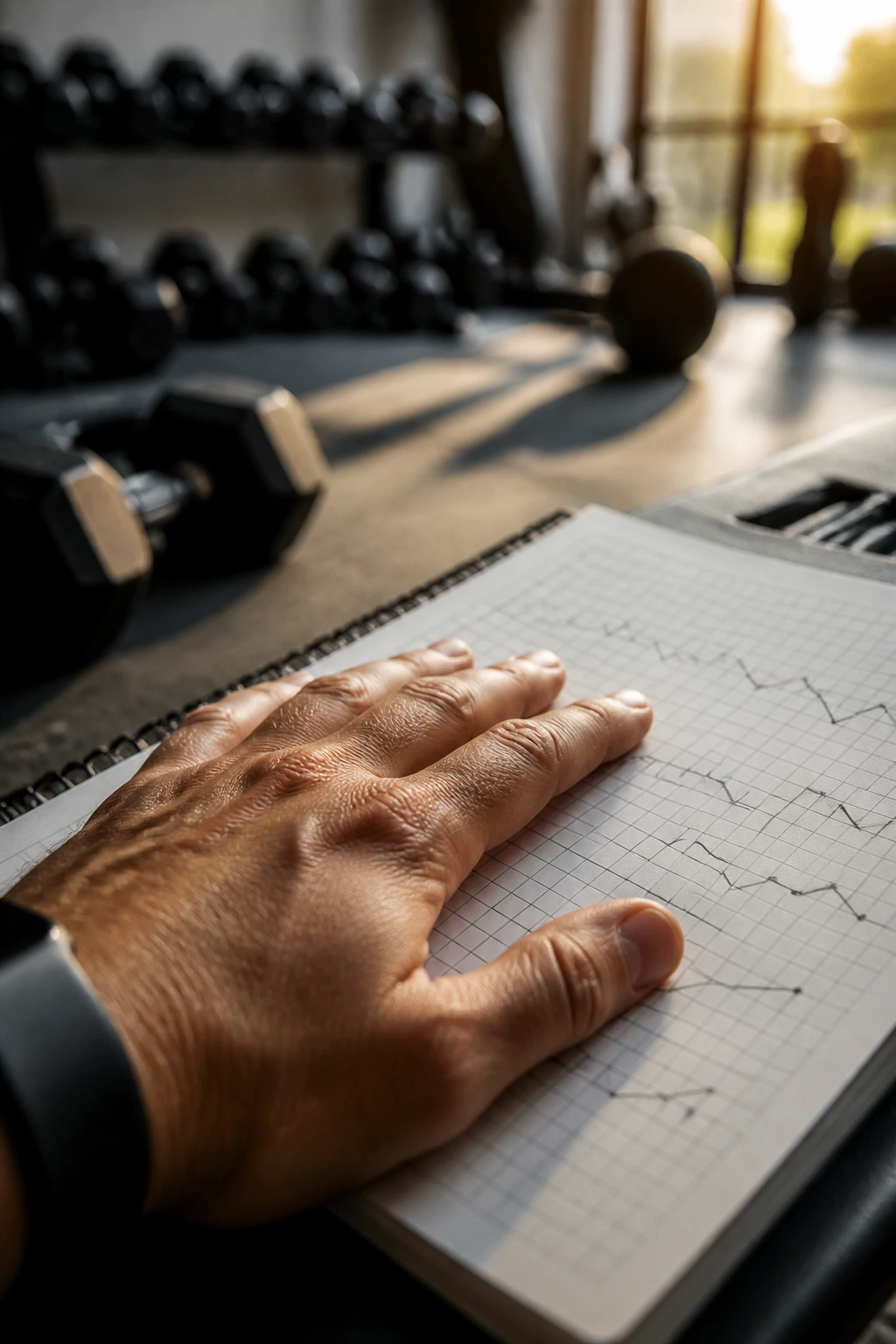 Close-up of a hand on a blank fitness log with abstract graphs for tracking fitness data