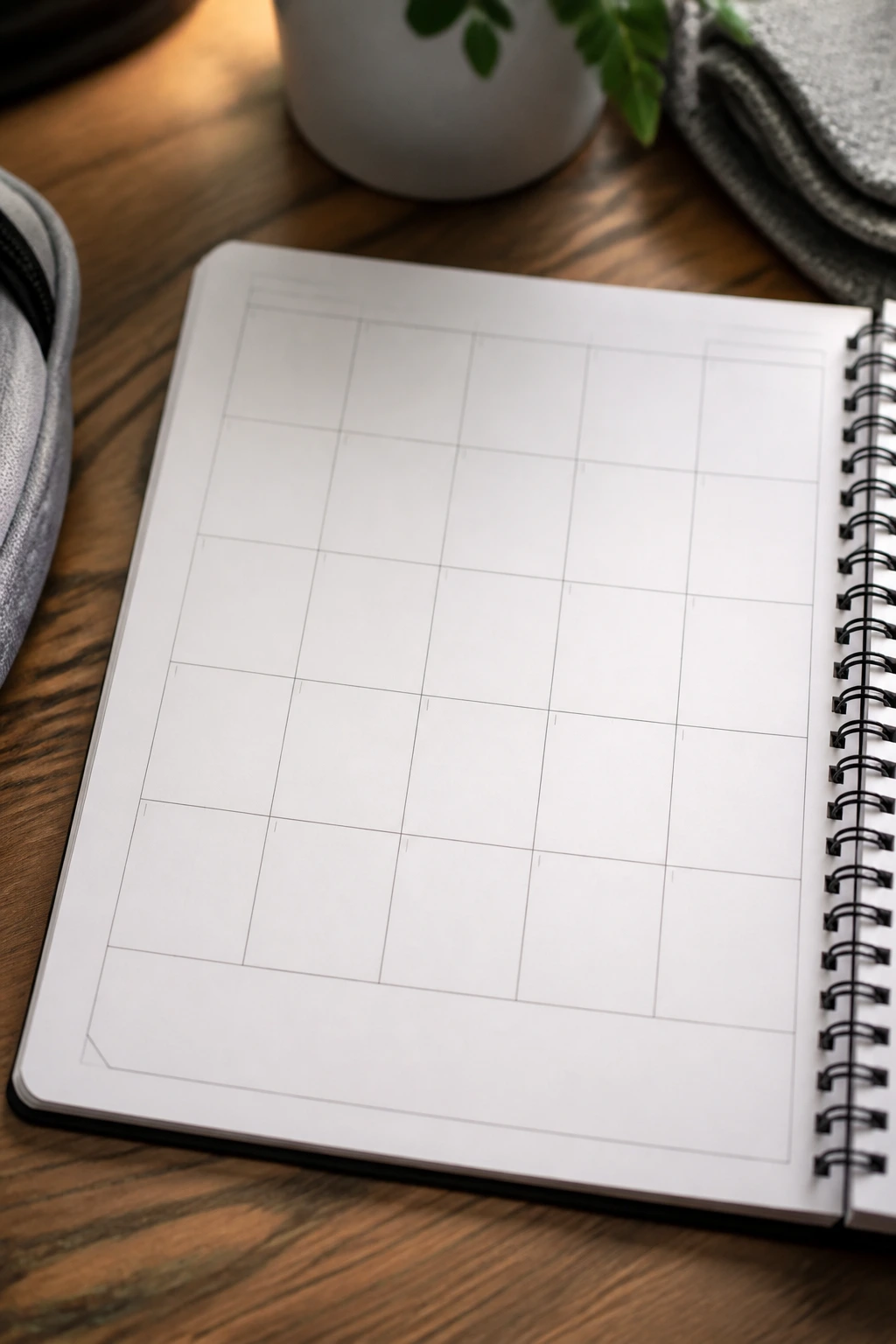 Close-up of a blank monthly fitness diary grid on a desk