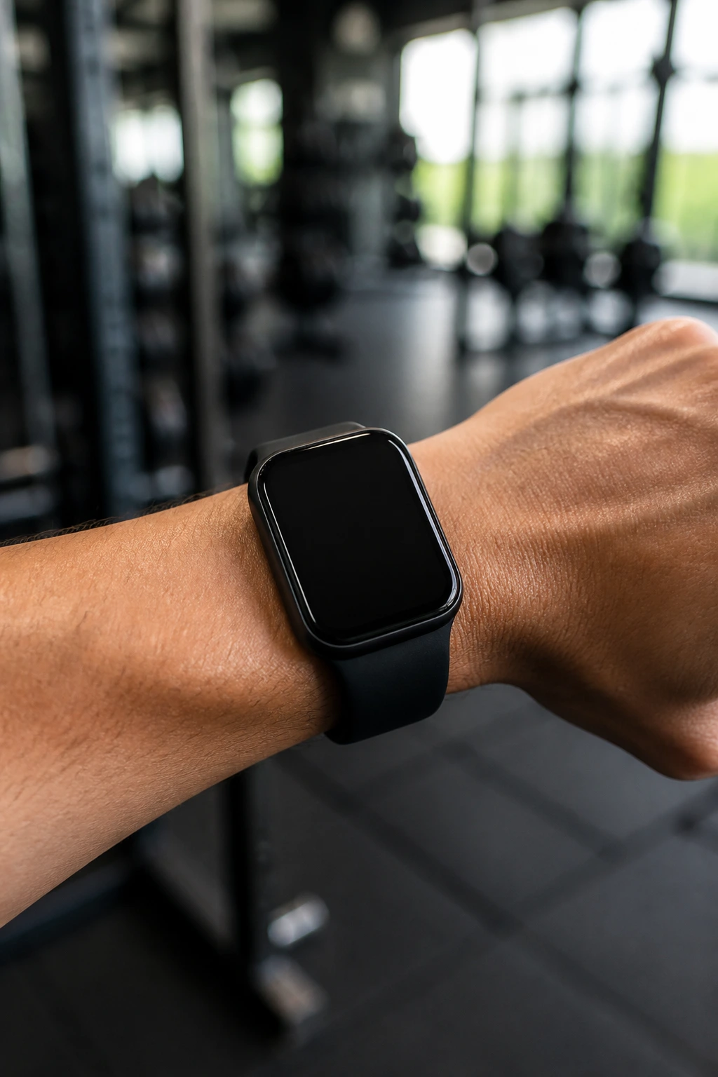 Wrist with blank-faced fitness watch in gym setting