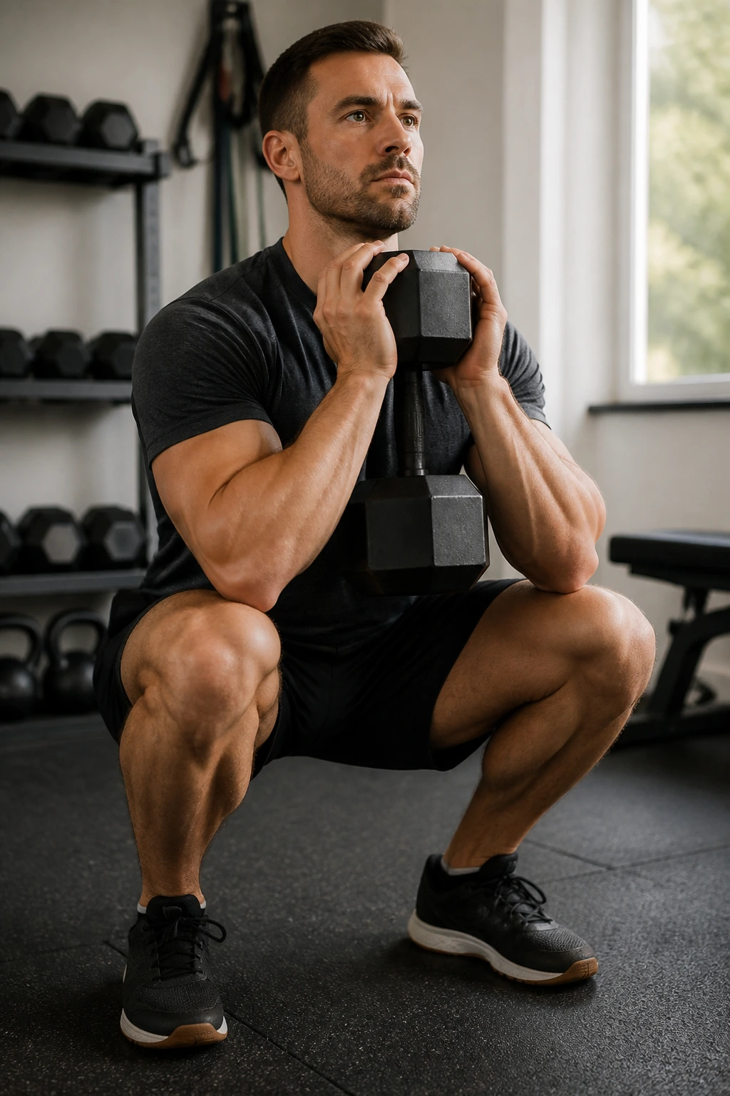 Medium-close shot of a person performing goblet squats with a heavy dumbbell in a home gym.