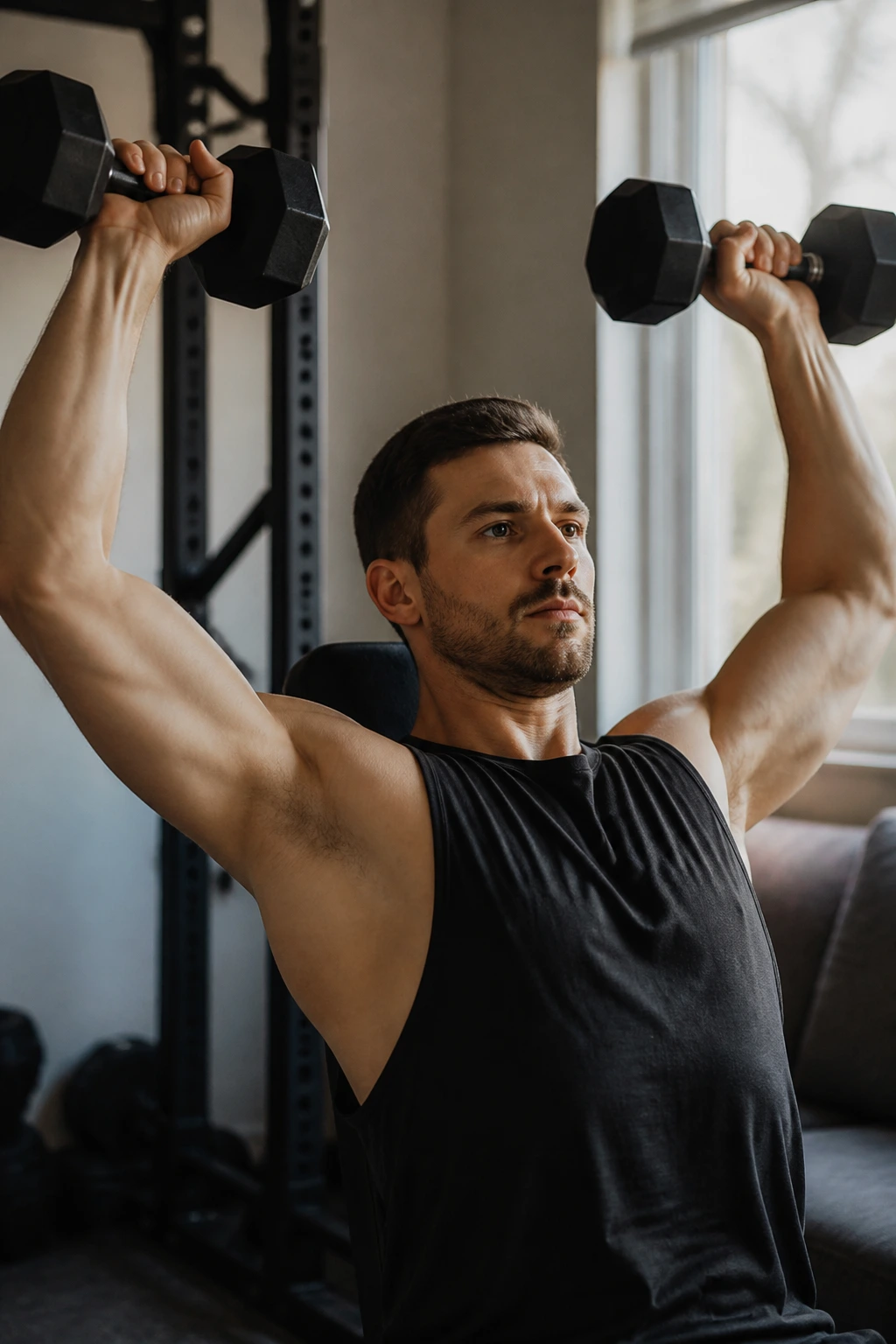 Person performing dumbbell shoulder press in a home gym.