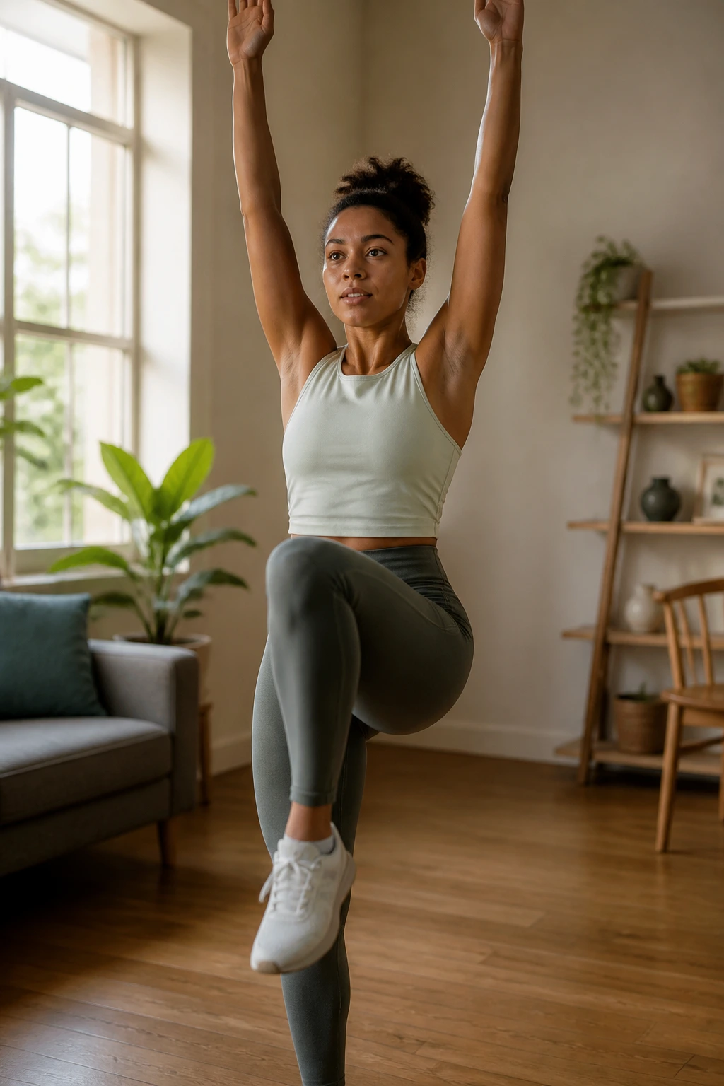 Close-up of a person performing a five-minute march and reach reset in a living room