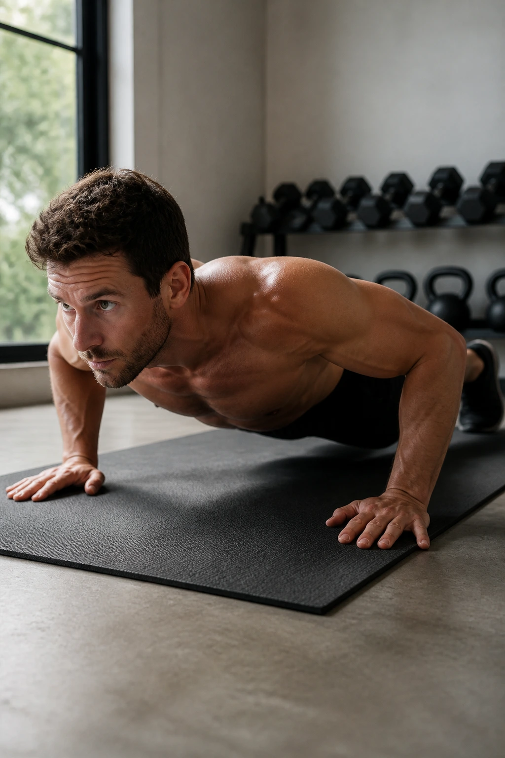 Close-up of a fit person performing a push-up on a mat in a home gym.