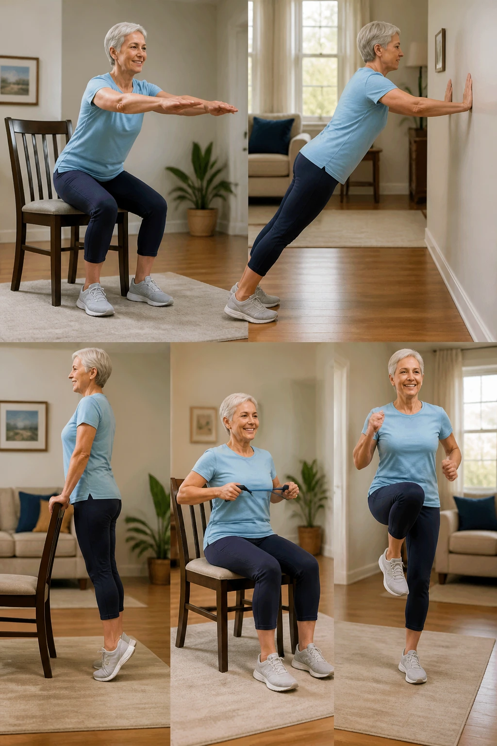 Senior performing a quick five-move circuit in a small home space.