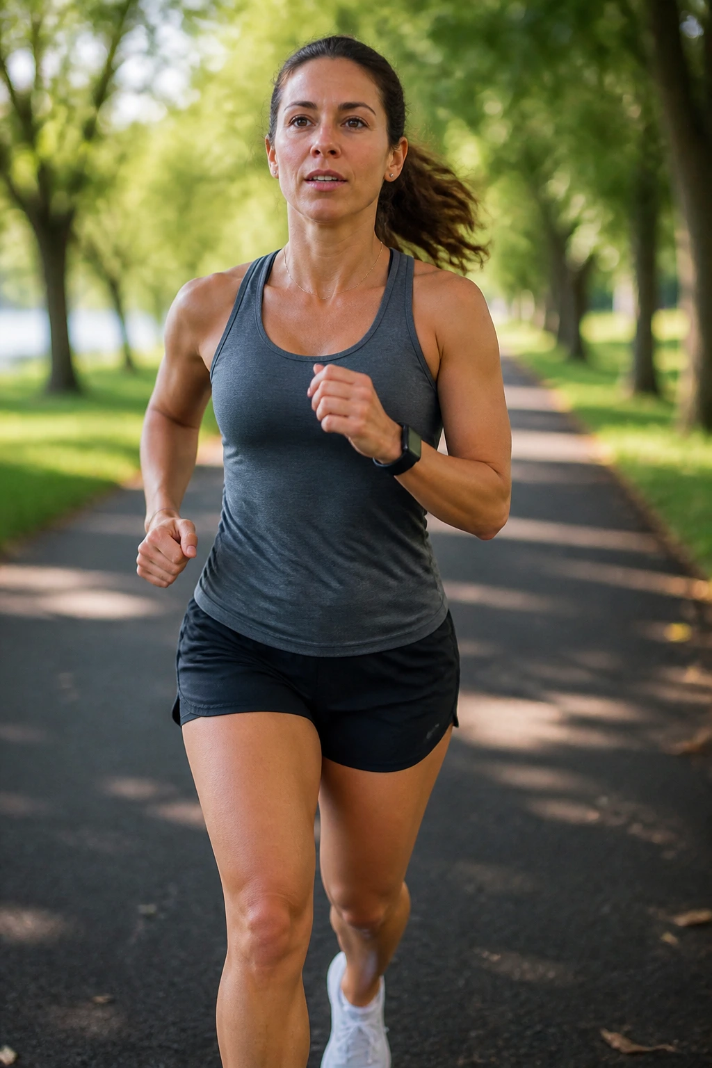 Close-up of a runner on a flat loop park path with steady stride