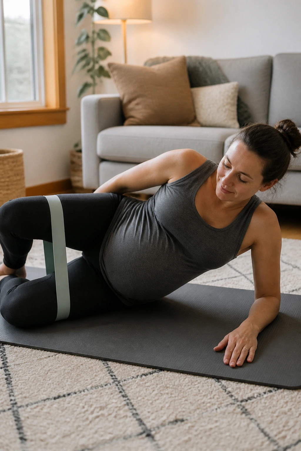 Pregnant woman on her side doing clamshell hip exercise on a mat