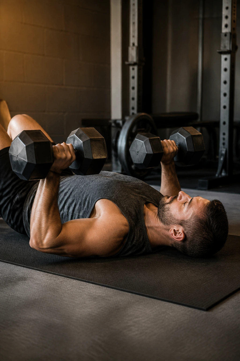 Close-up of a person performing a floor press with dumbbells on the floor.