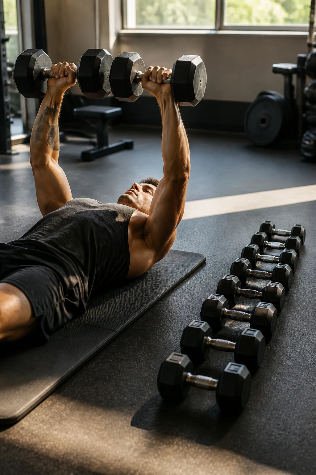 Close-up of athlete in dumbbell floor press with ladder of dumbbells beside on gym mat
