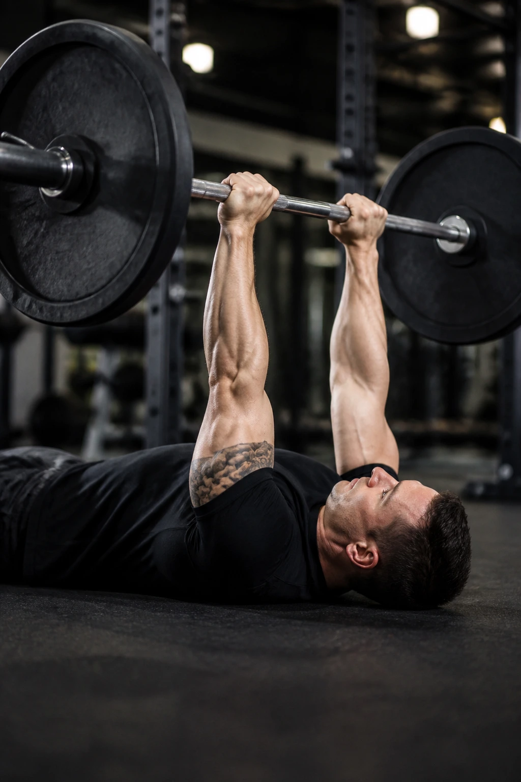 Lifter performing floor press lockout on the floor in a gym setting