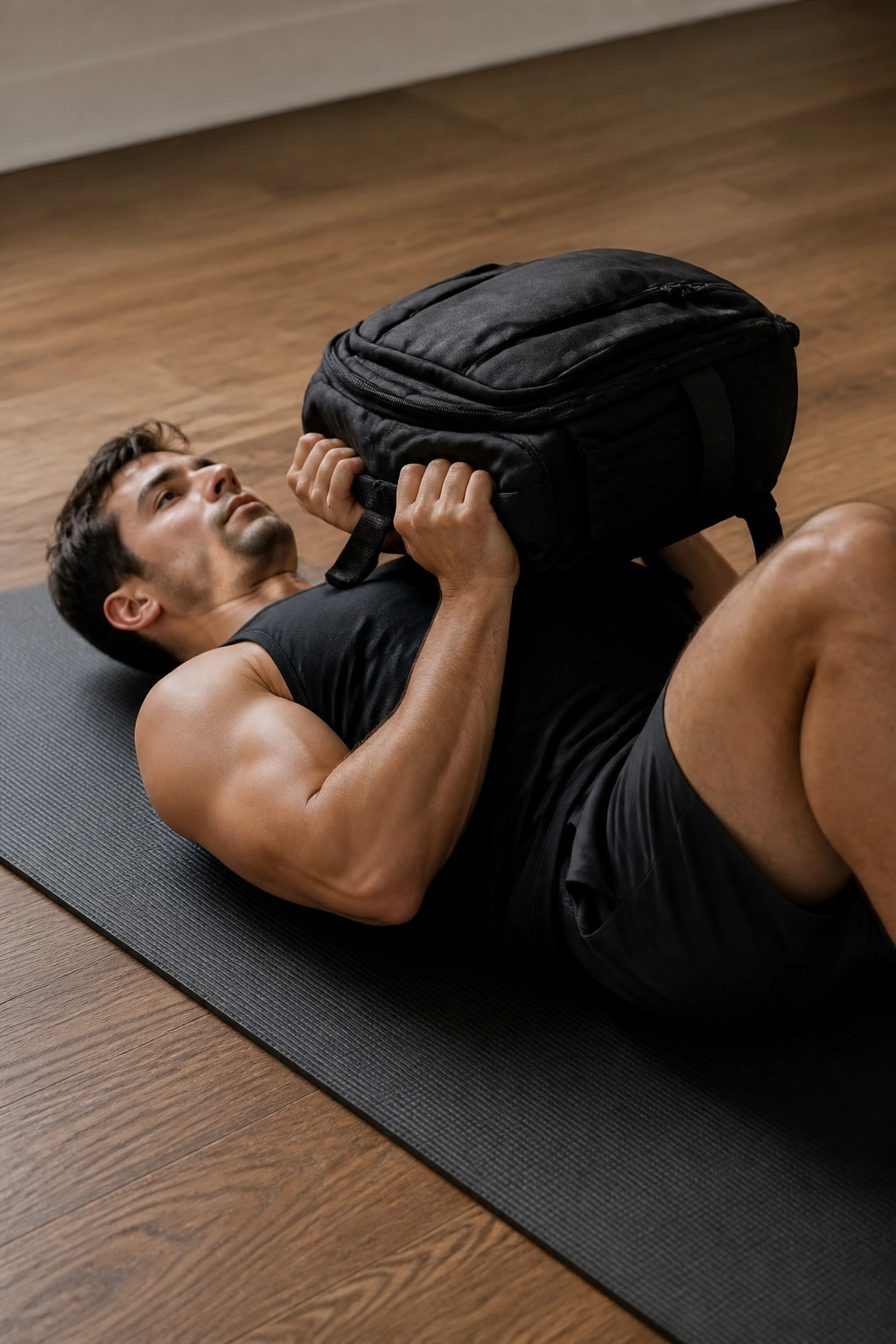 Person doing a close-grip floor press on the floor with a backpack