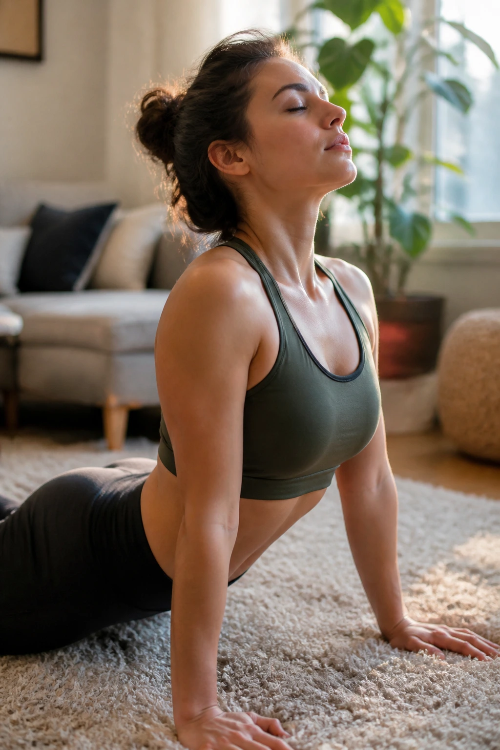 Close-up of Cobra Pose on a rug in a cozy living room