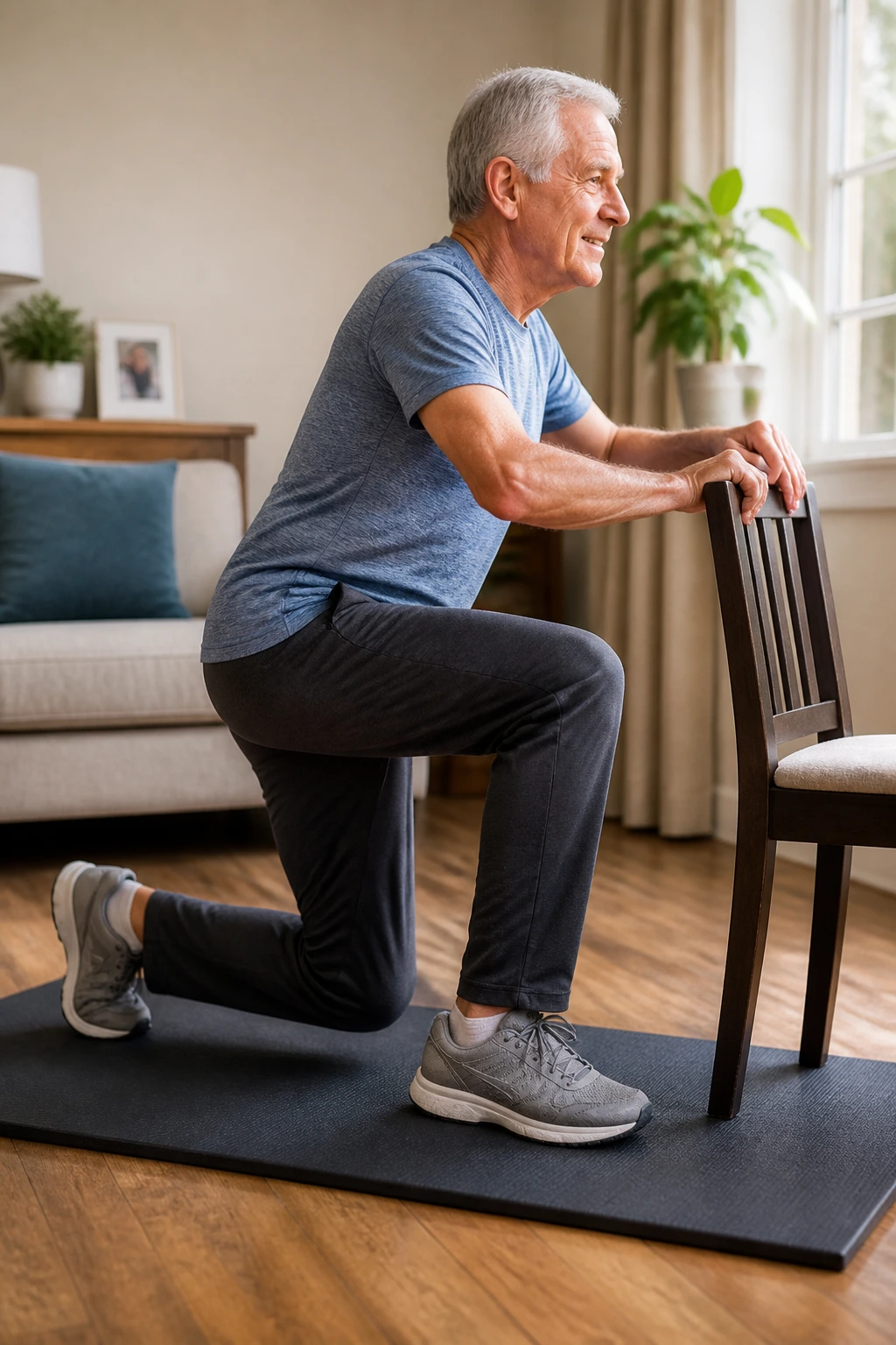 Person practicing floor-to-stand from kneeling to standing with chair support