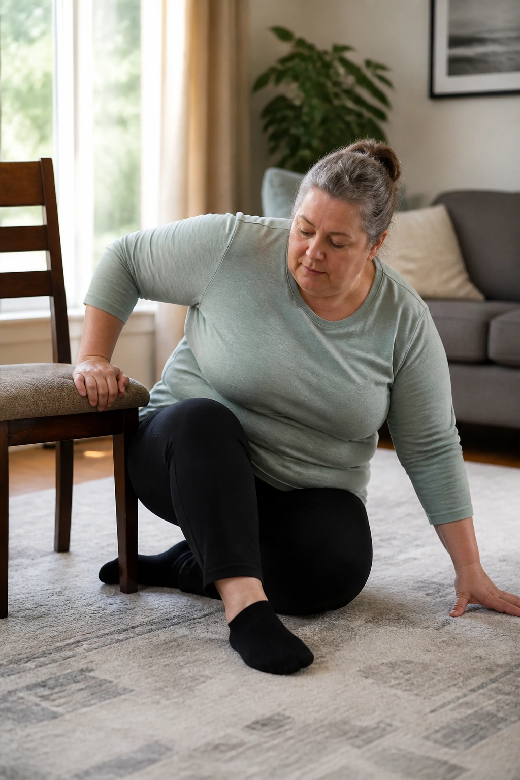 Real person practicing floor-to-stand movement with chair support in a home room.