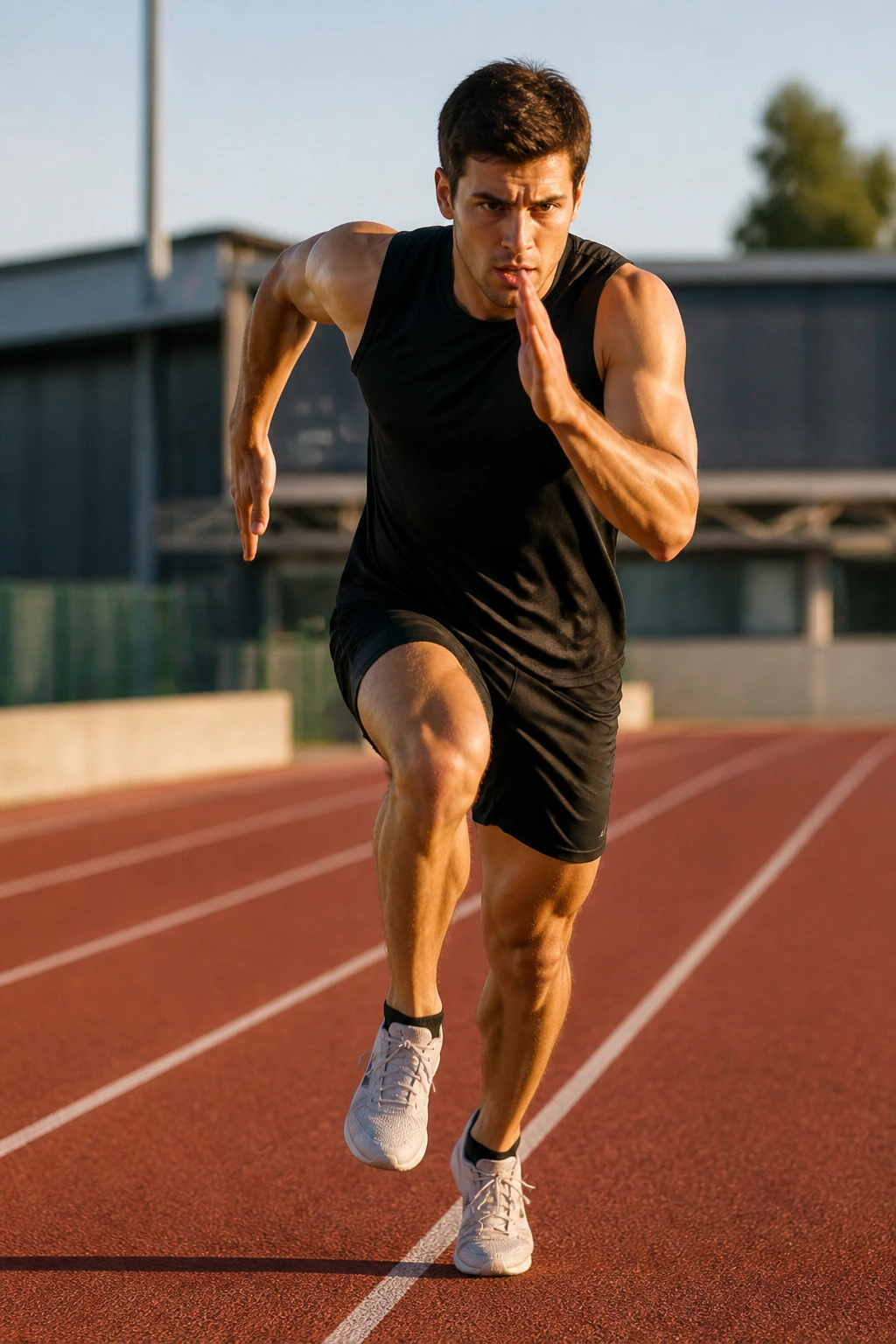 Medium close-up of a runner performing Flying 20s on a track