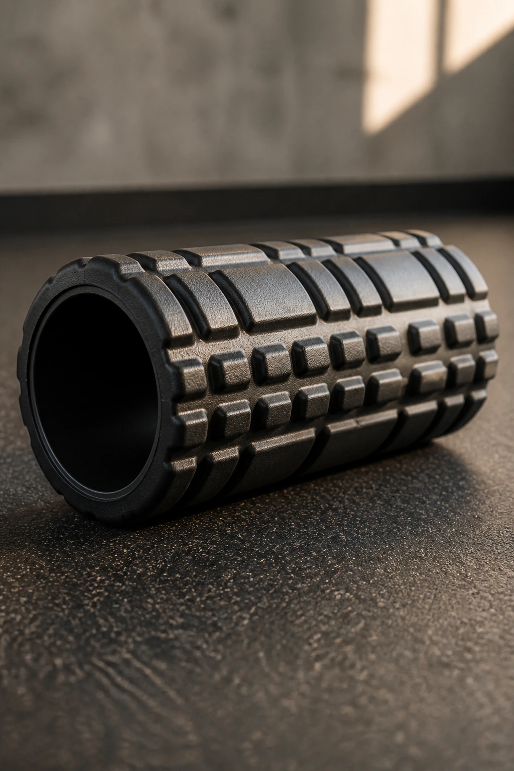 Foam roller dominating frame in a gym setting