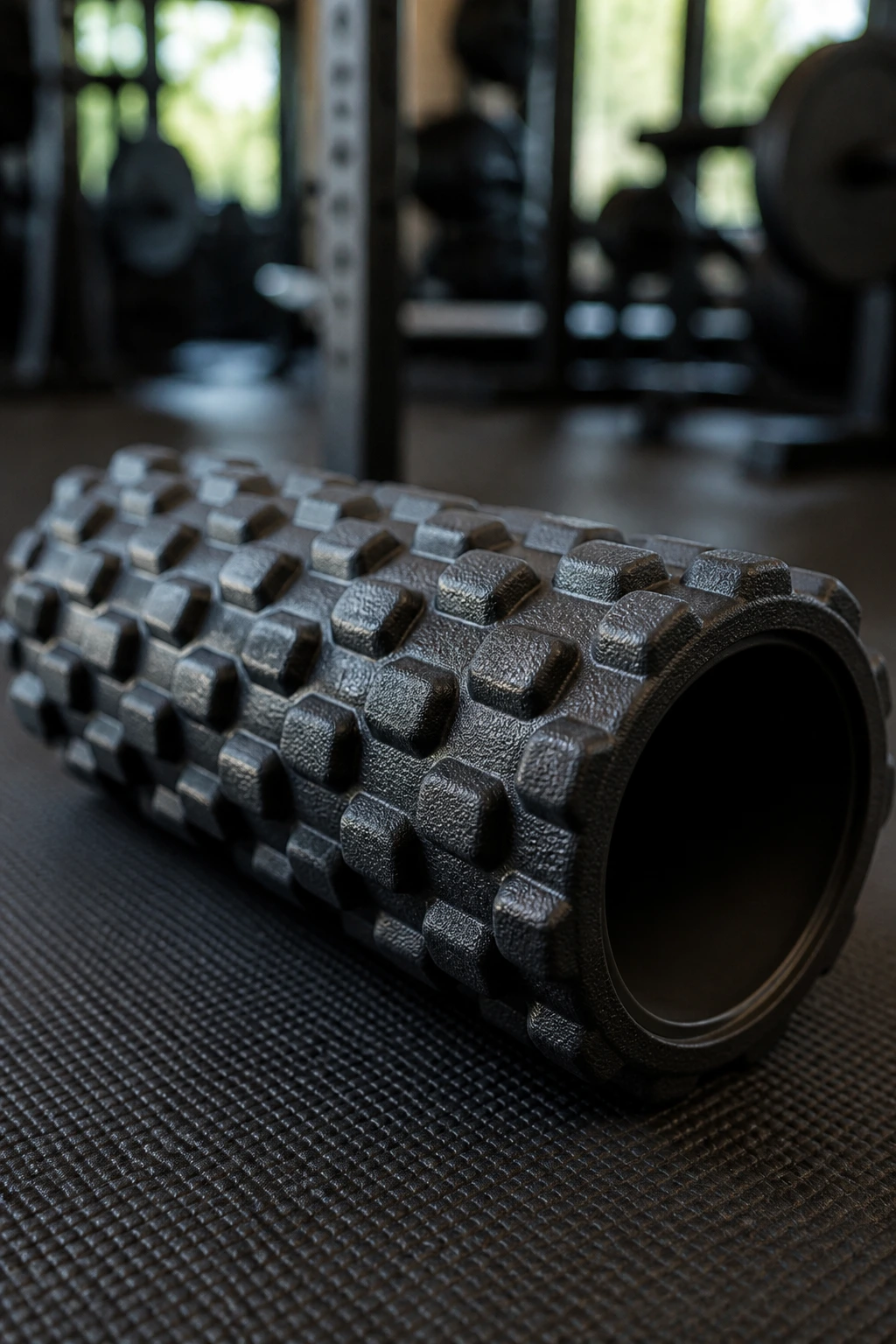 Textured foam roller on gym mat in training space