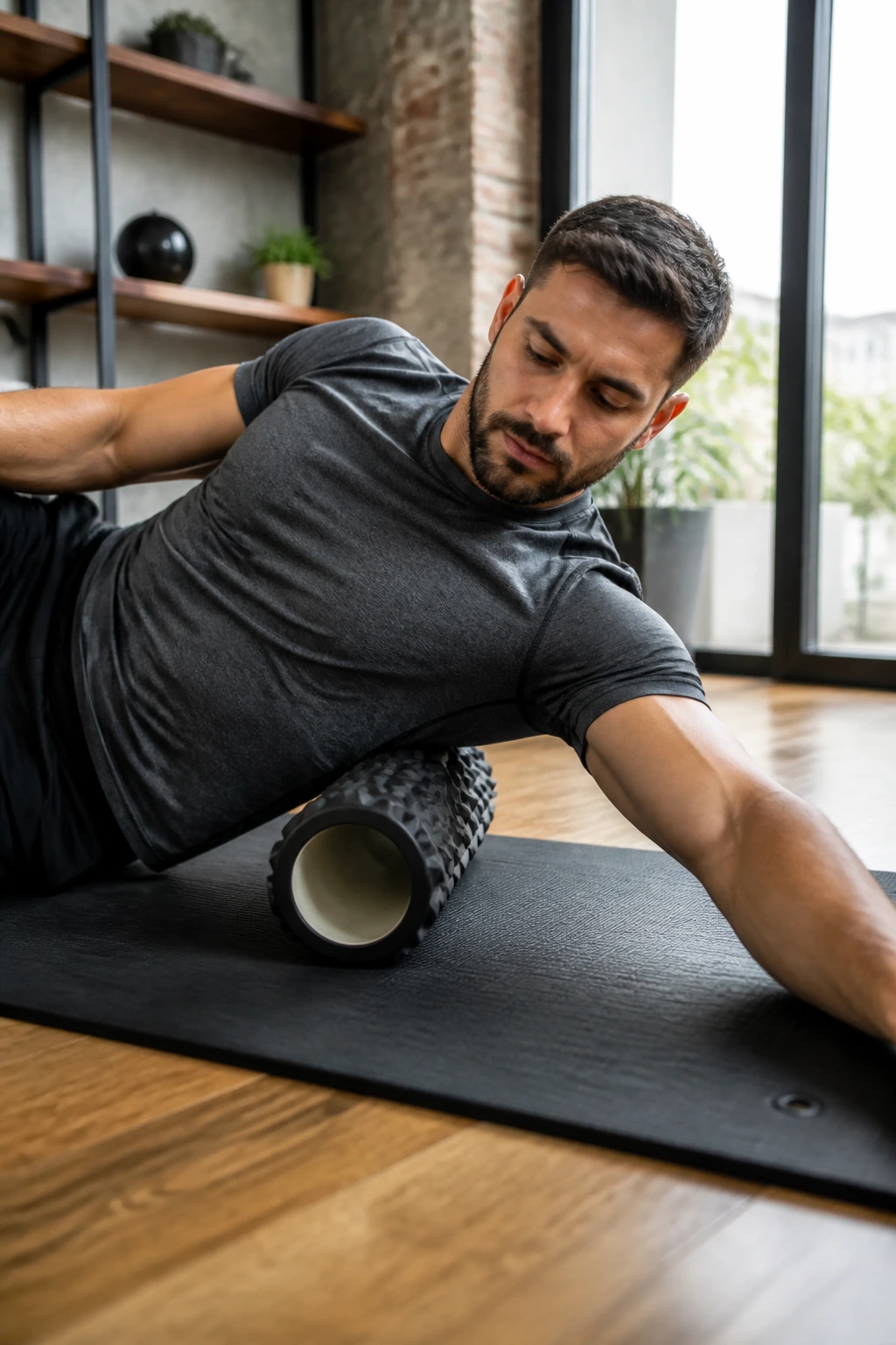 Side-lying with foam roller under shoulder for deep tissue release