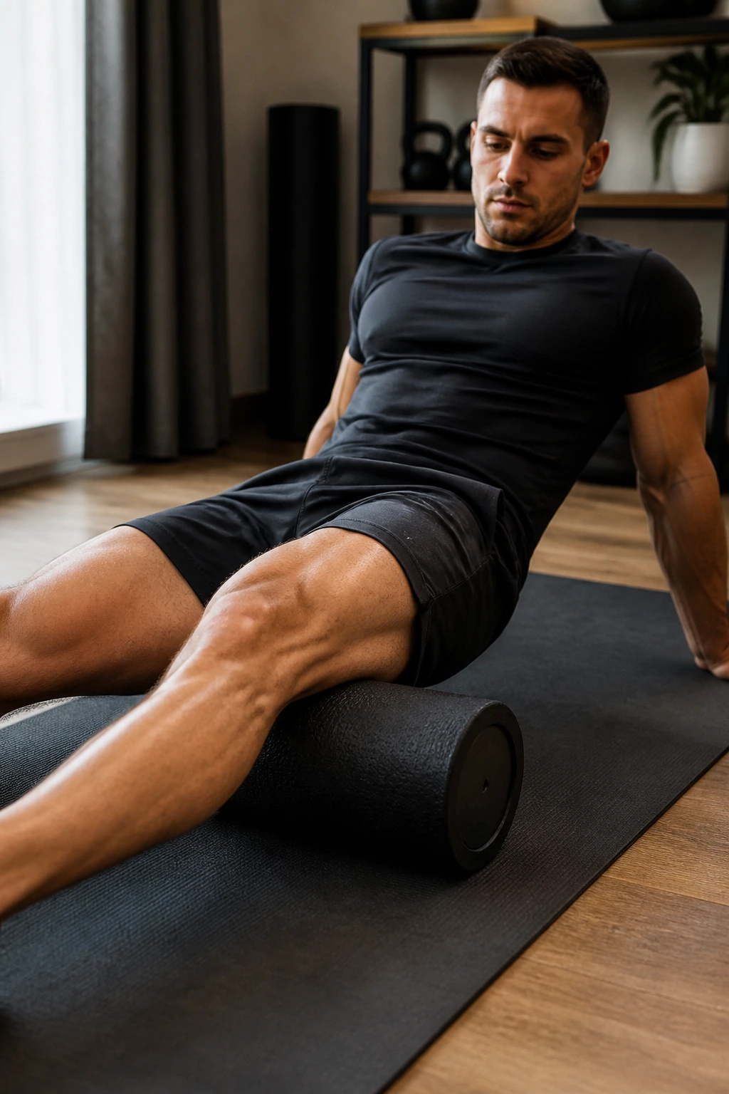 Person foam rolling their thigh on a mat for recovery