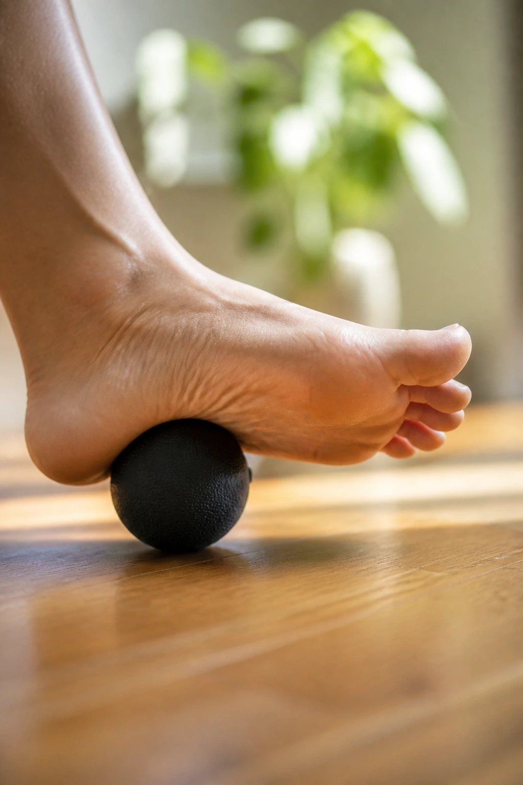Close-up of foot on lacrosse ball massaging sole for lower limb recovery