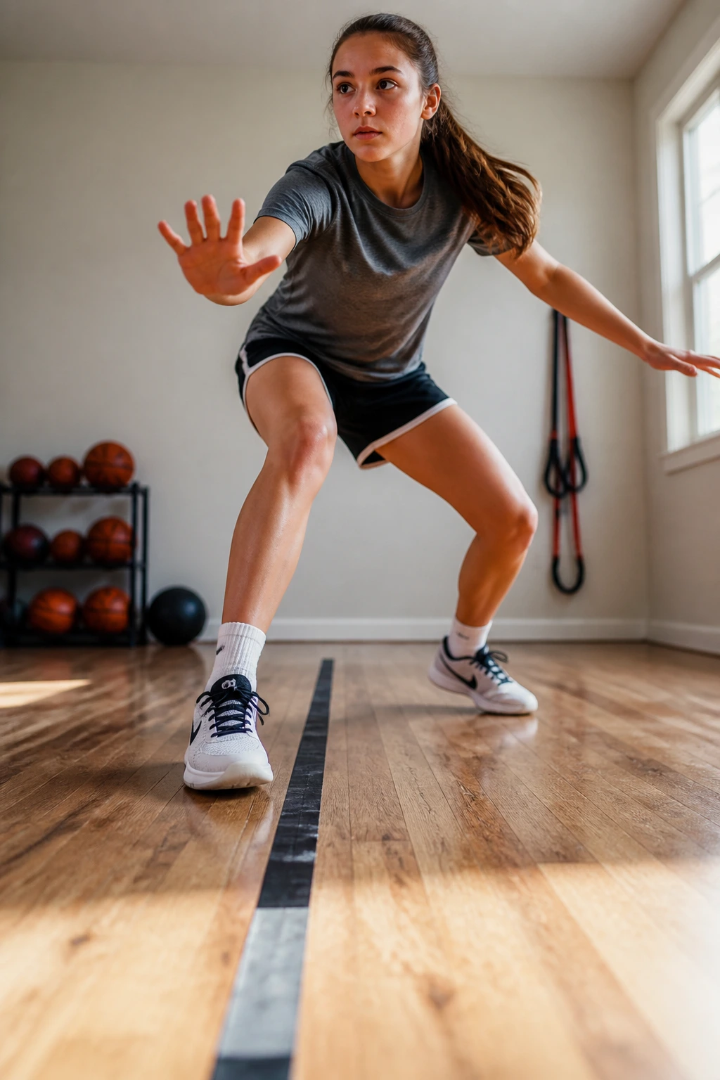 Teen girl performing shadow footwork drill along a taped line in a home space